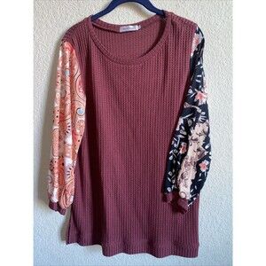 Hocosit Waffle Thermal shirt Knit Balloon Sleeve Lagen Cottage hippie L Paisley